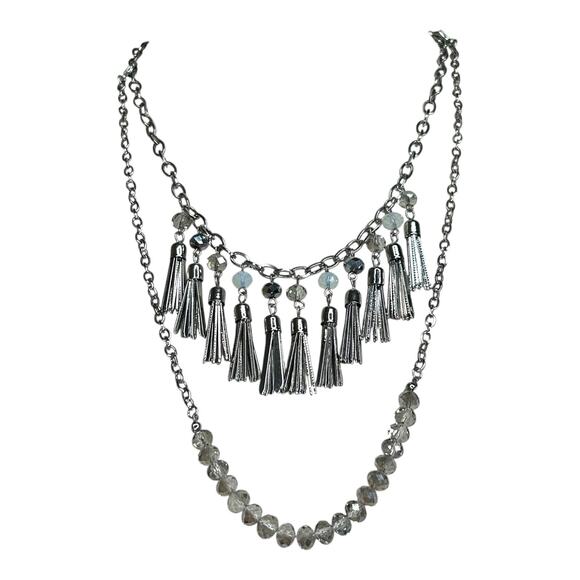 The Limited Silver Tones Convertible Two Necklaces Beaded Fringe 2 in 1 - Picture 2 of 4